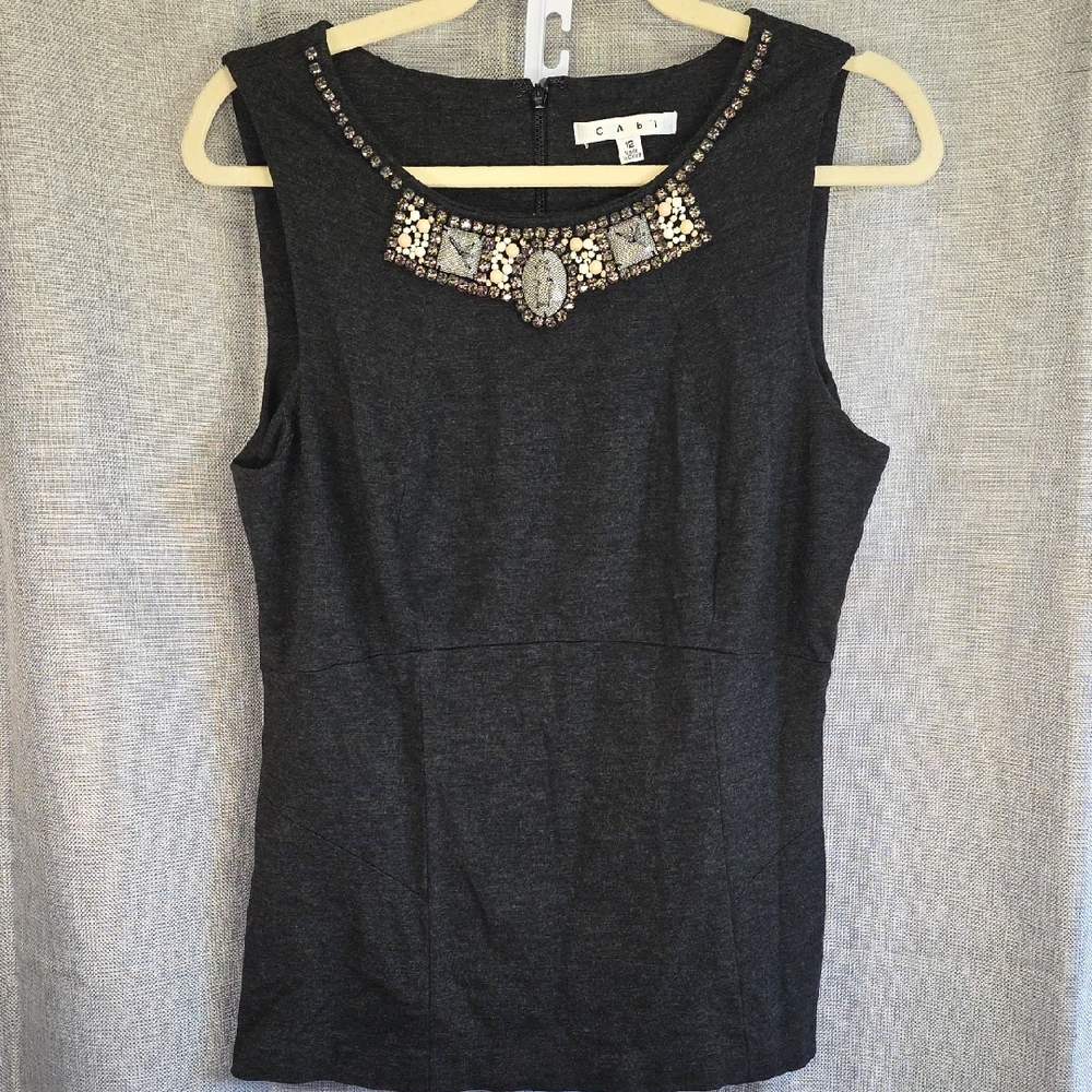 CAbi Charcoal Embellished Neckline Top Women's Sz 12 H3- CL2025270